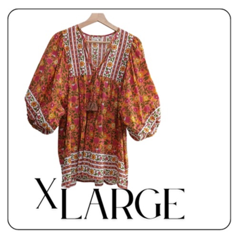 Mille Tunic Blouse Womens XL Multicolor Floral Boho Tassel 3/4 Sleeve Top